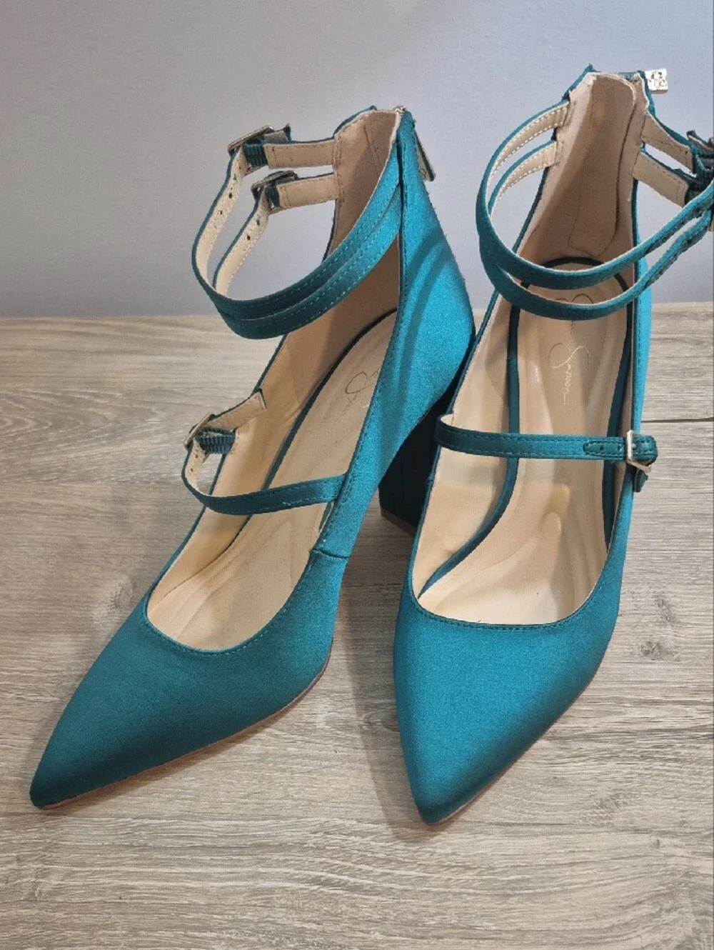 Jessica Simpson Teal Satin Pointed-Toe Mary Jane Heels